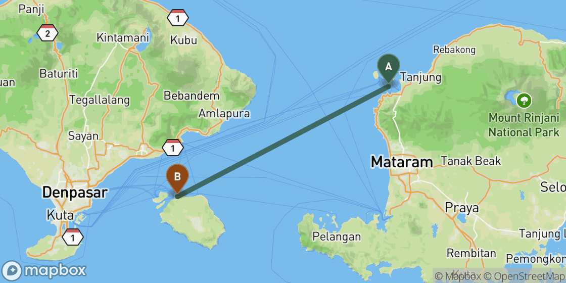 Mapa que muestra la ruta de Lombok a Nusa Penida - 96 km