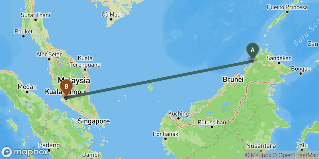 Kaart met de route van Kota Kinabalu naar Kuala Lumpur - 1.624 km