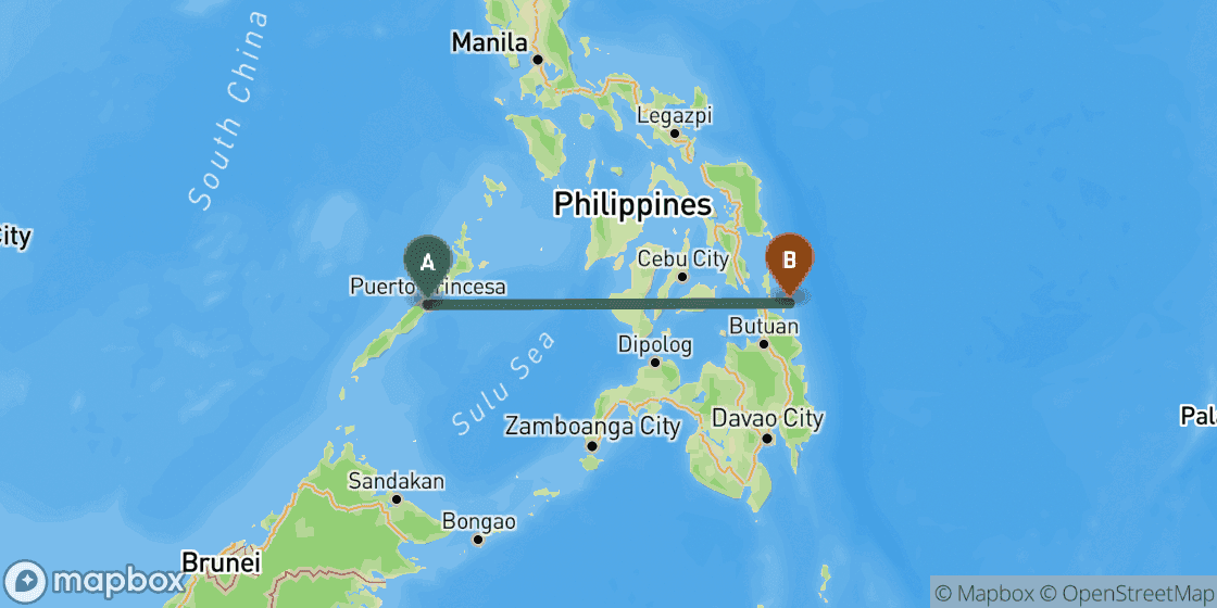 Map showing route from Puerto Princesa to Siargao - 801 km