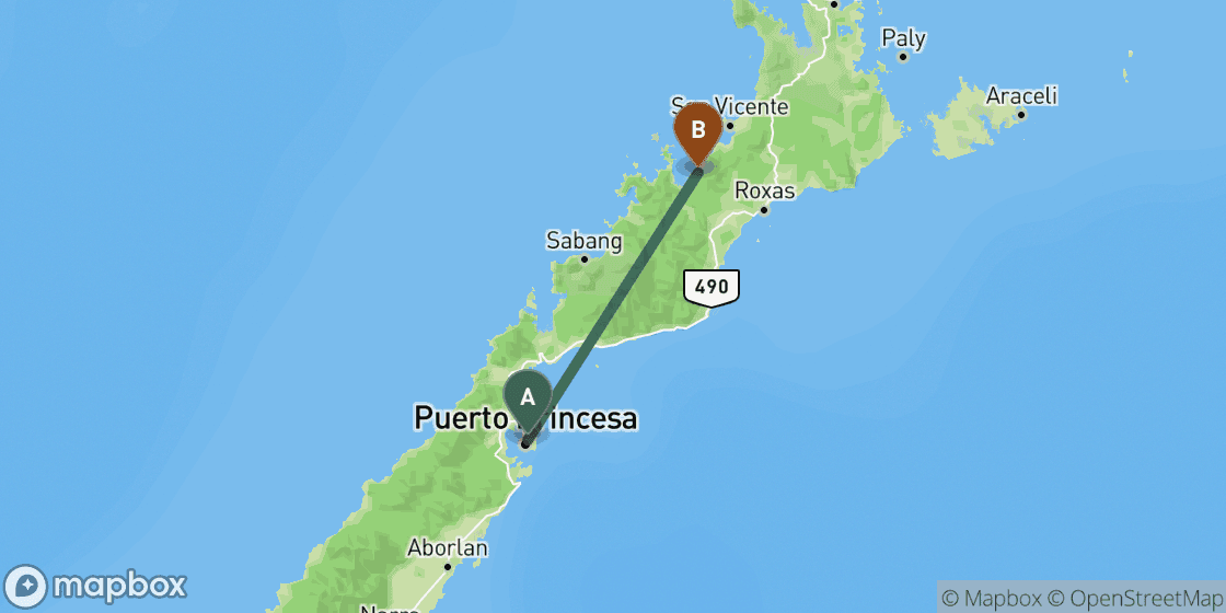 Karte mit der Route von Puerto Princesa nach Port Barton - 89 km