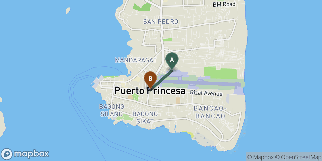 Map showing route from Puerto Princesa Airport to Puerto Princesa City Centre - 2 km