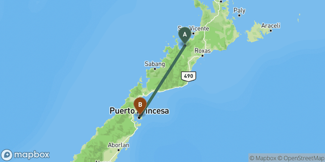 Karte mit der Route von Port Barton nach Puerto Princesa - 89 km
