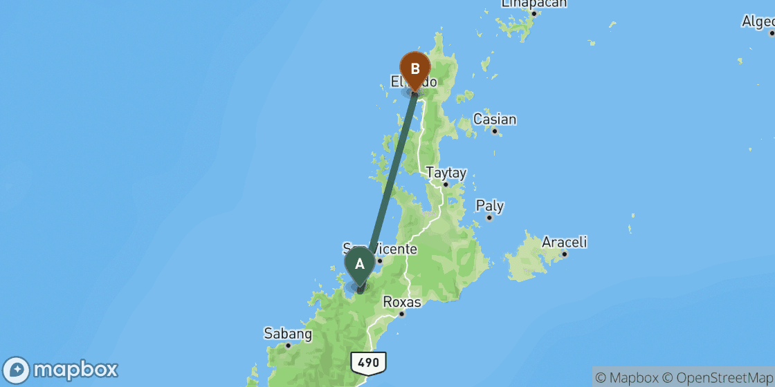 Kaart met de route van Port Barton naar El Nido - 89 km