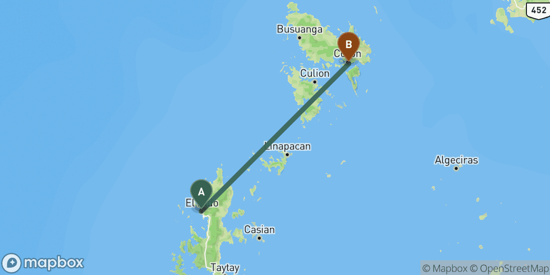 Kaart met de route van El Nido naar Coron - 127 km