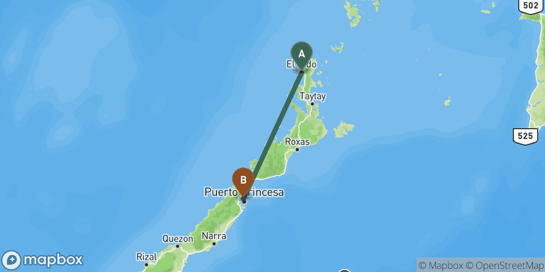 Kaart met de route van El Nido naar Puerto Princesa - 175 km