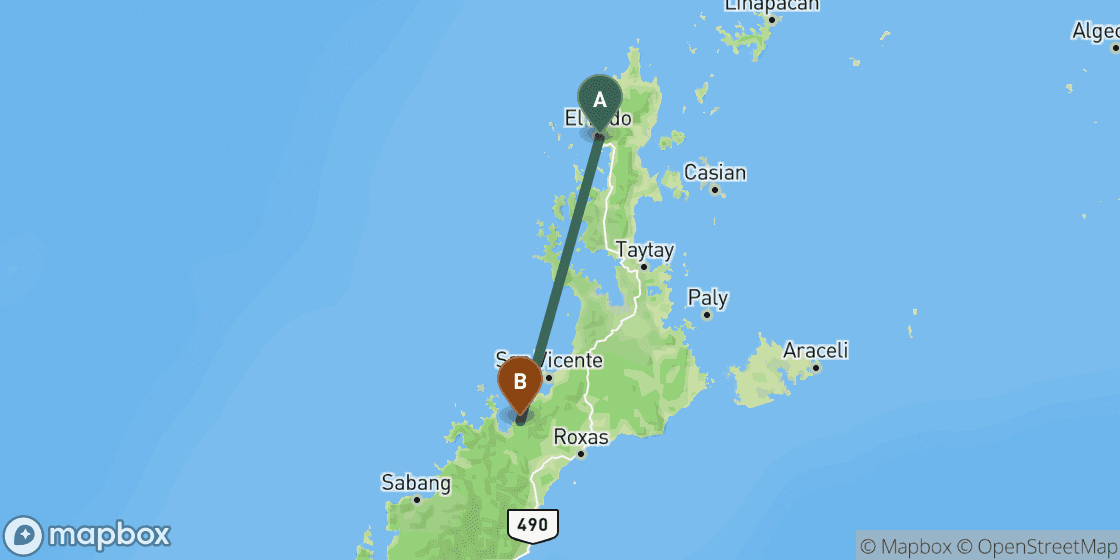 Map showing route from El Nido to Port Barton - 89 km