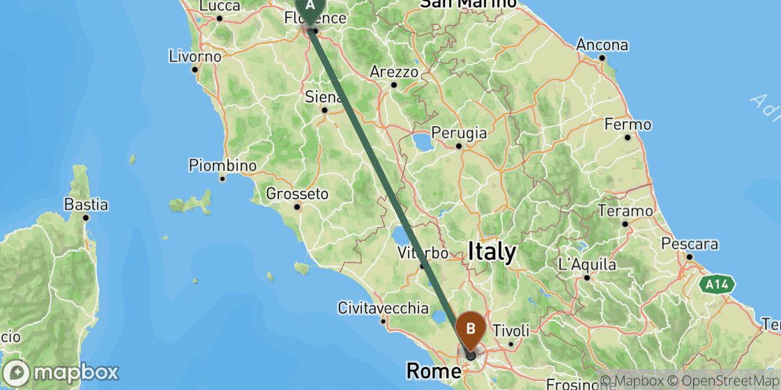 Map showing route from Florence to Rome - 232 km