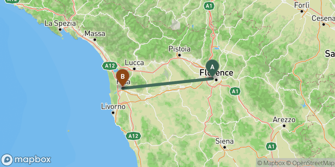 Map showing route from Florence to Pisa - 69 km