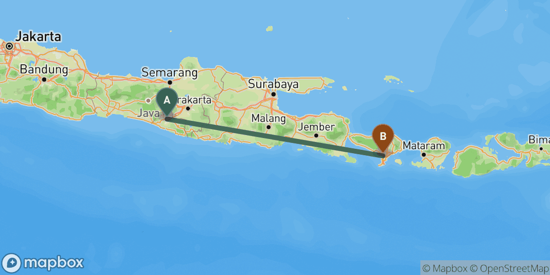 Karte mit der Route von Yogyakarta nach Bali - 536 km