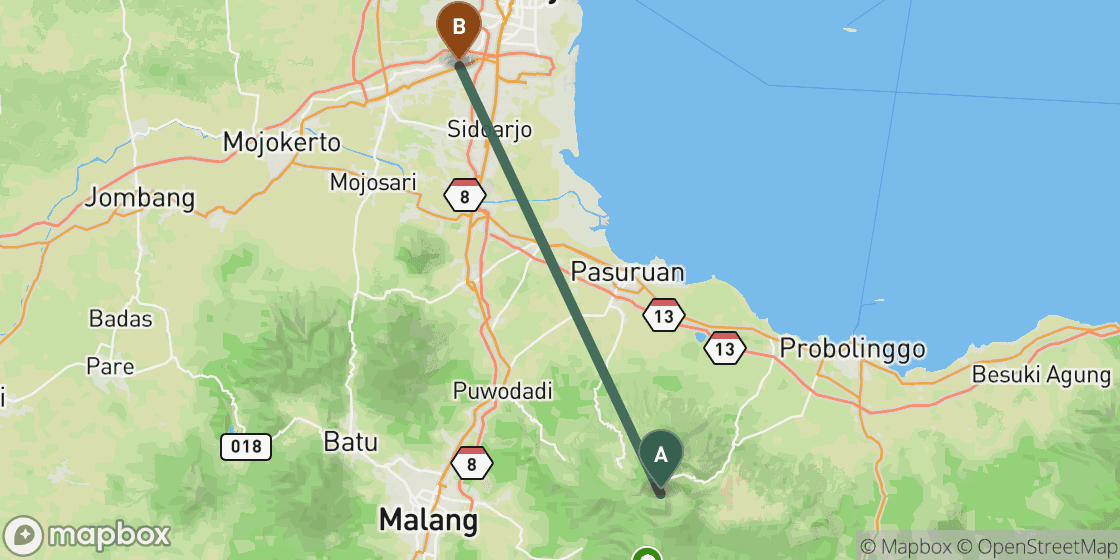 Kaart met de route van Bromo naar Bali - 252 km