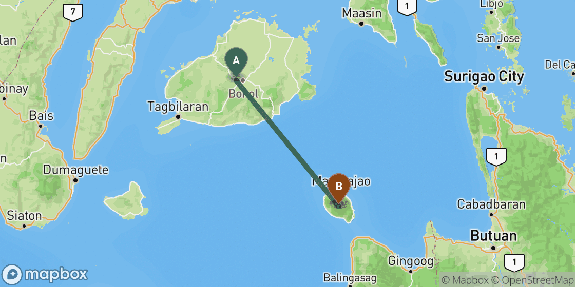 Kaart met de route van Bohol naar Camiguin - 96 km