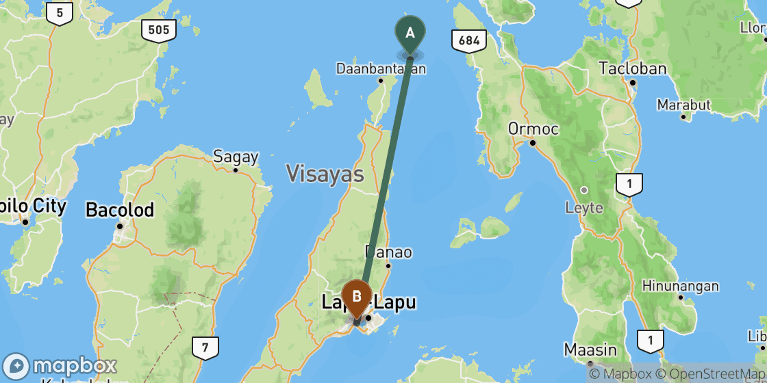 Map showing route from Malapascua to Cebu - 118 km