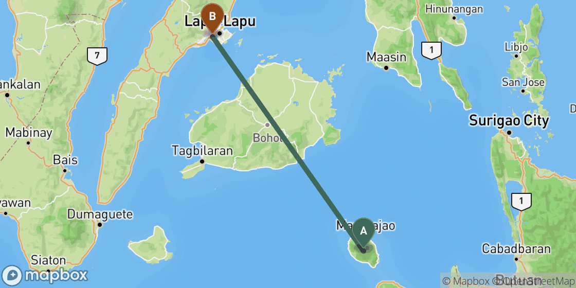 Map showing route from Camiguin to Cebu - 154 km