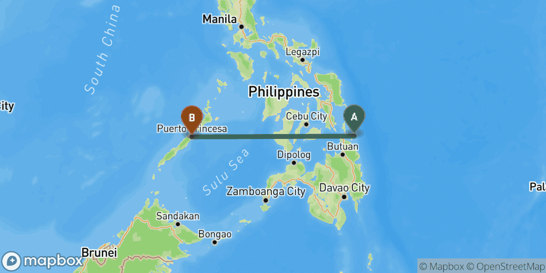 Kaart met de route van Siargao naar Puerto Princesa - 801 km