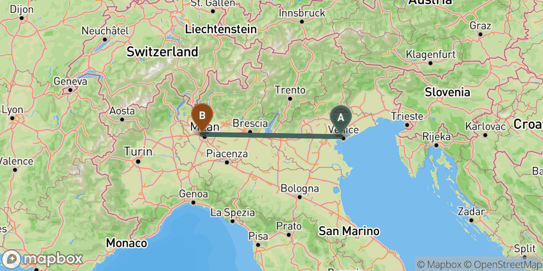 Map showing route from Venice to Milan - 245 km