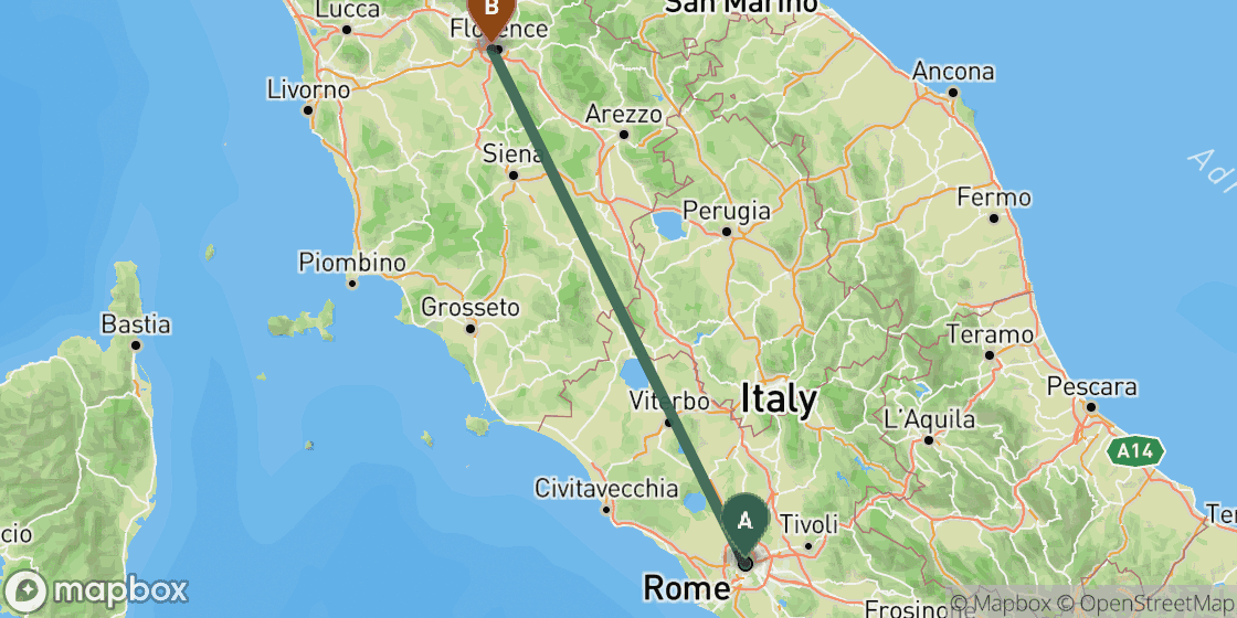 Kaart met de route van Rome naar Florence - 232 km