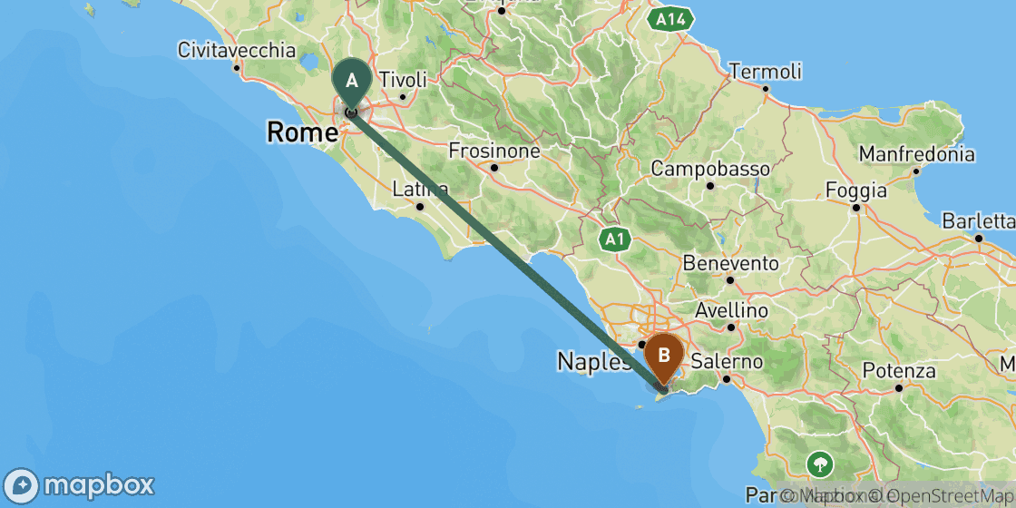 Carte montrant l’itinéraire de Rome à Sorrento - 212 km