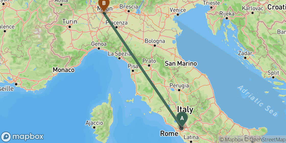 Map showing route from Rome to Milan - 477 km