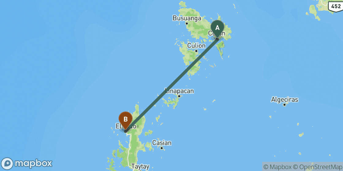Map showing route from Coron to El Nido - 127 km