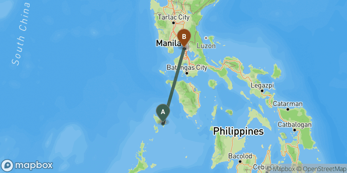 Kaart met de route van Coron naar Manila - 301 km