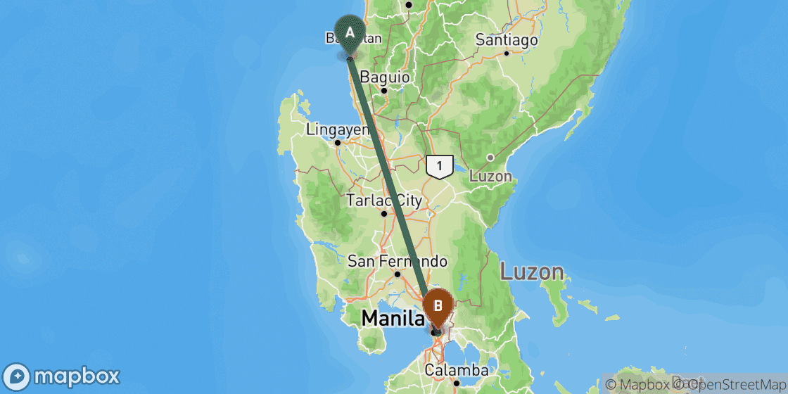 Map showing route from La Union to Manila - 220 km