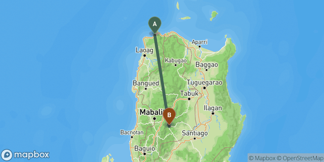 Carte montrant l’itinéraire de Pagudpud à Banaue - 186 km