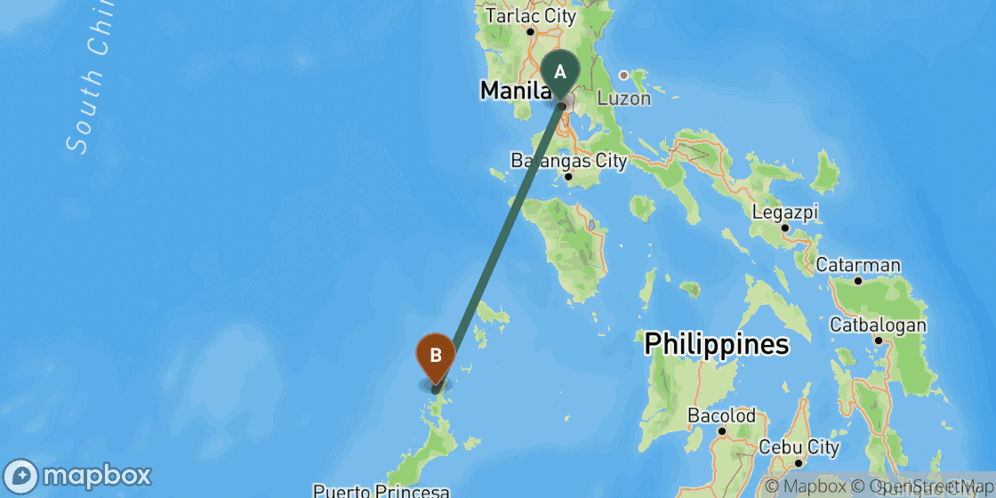 Kaart met de route van Manila naar El Nido - 417 km