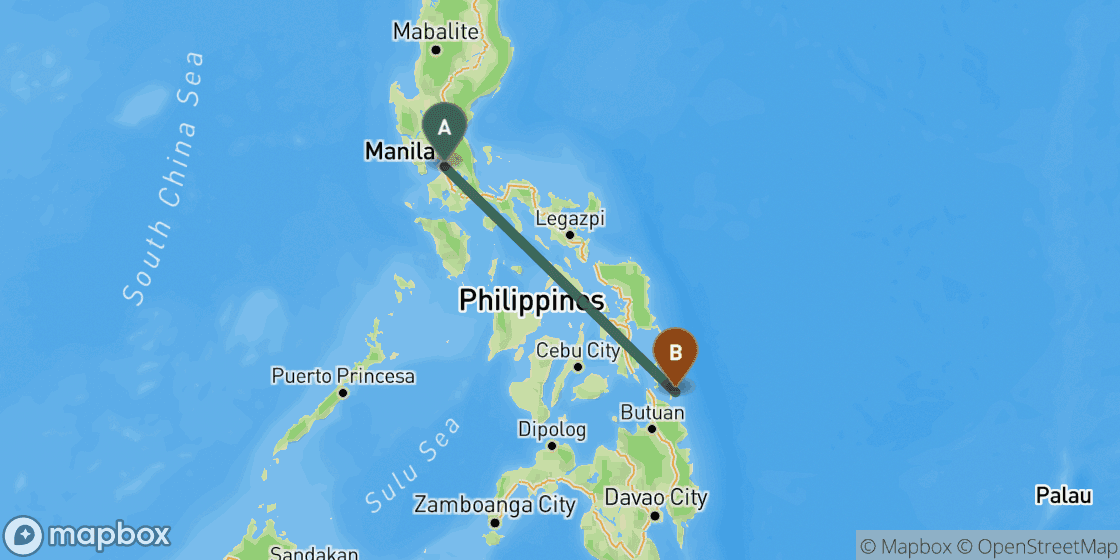 Map showing route from Manila to Siargao - 762 km