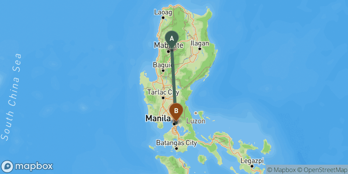 Mapa que muestra la ruta de Sagada a Manila - 277 km