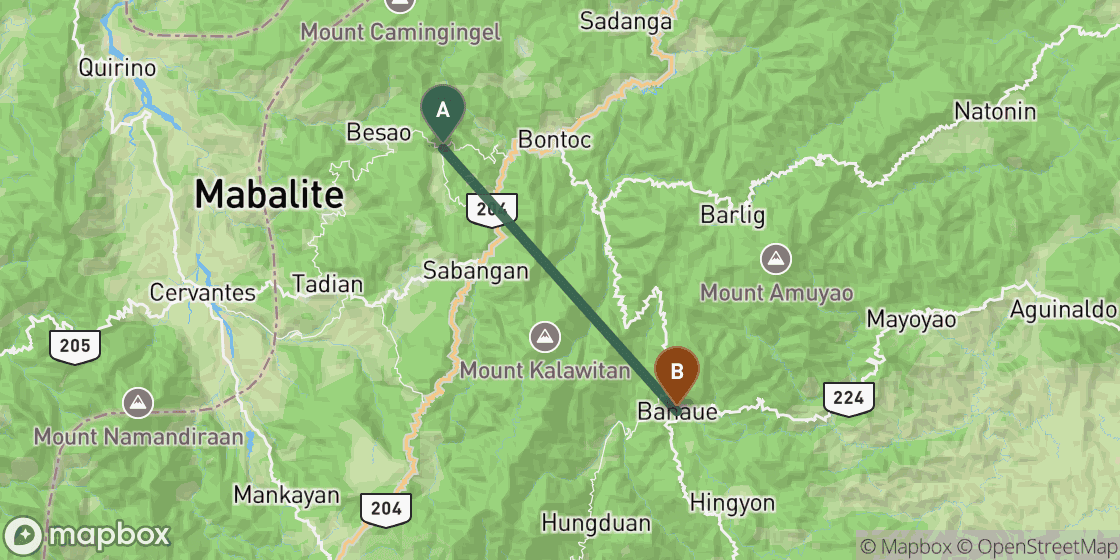 Map showing route from Sagada to Banaue - 26 km