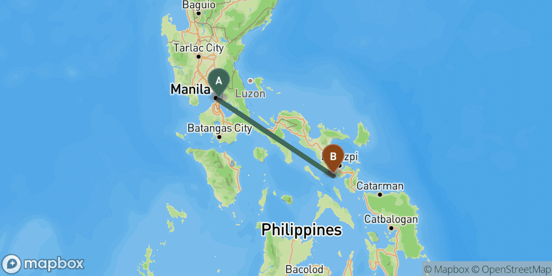 Map showing route from Manila to Donsol - 340 km