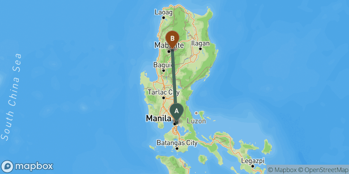 Kaart met de route van Manila naar Sagada - 277 km