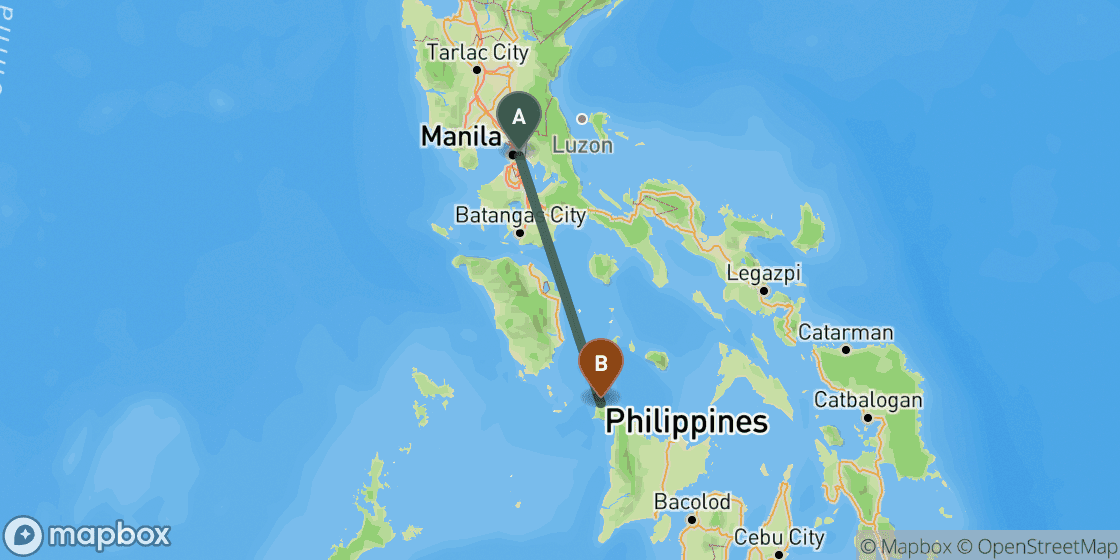 Map showing route from Manila to Boracay - 309 km