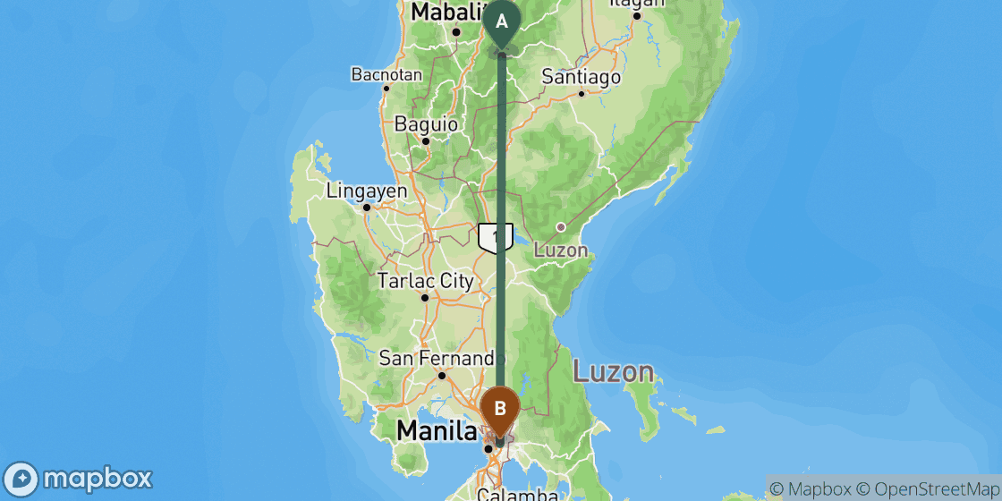 Map showing route from Banaue to Manila - 258 km