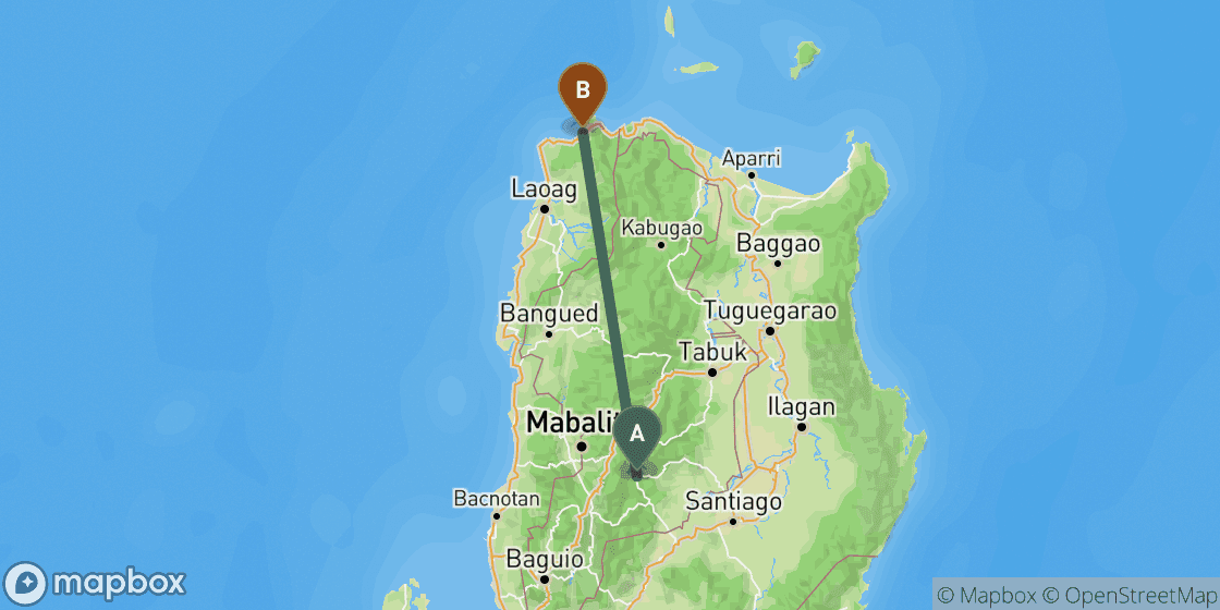 Kaart met de route van Banaue naar Pagudpud - 186 km