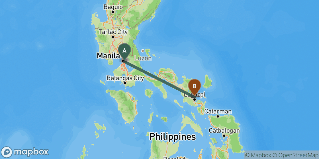 Kaart met de route van Manila naar Legazpi - 339 km