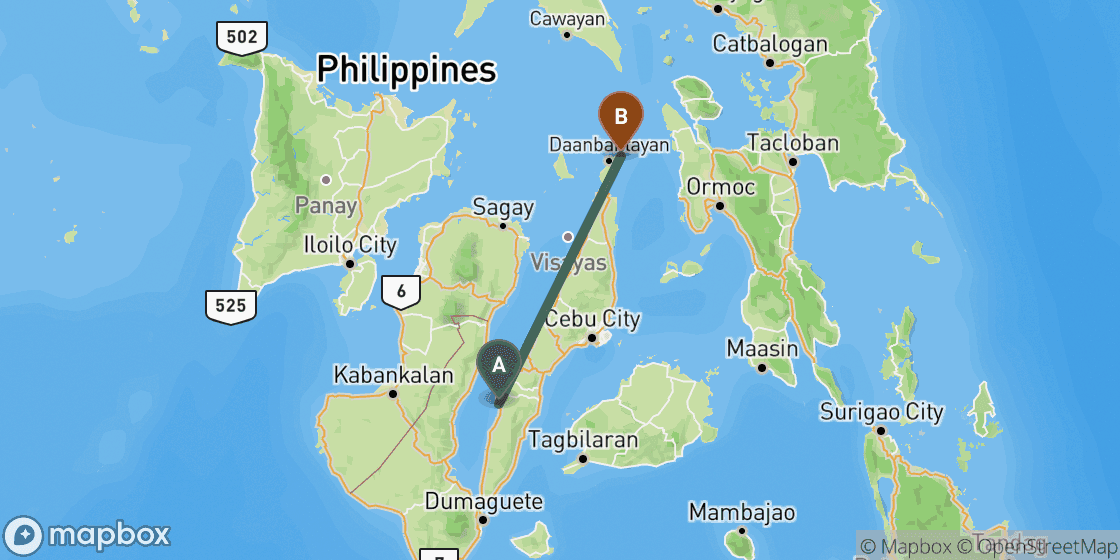 Kaart met de route van Moalboal naar Malapascua - 173 km