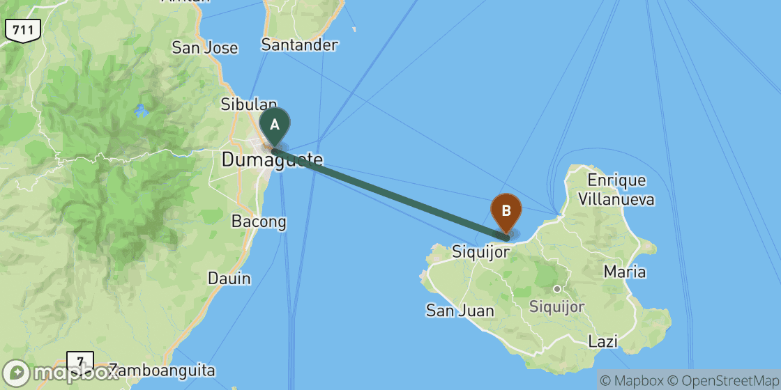 Kaart met de route van Dumaguete naar Siquijor - 34 km