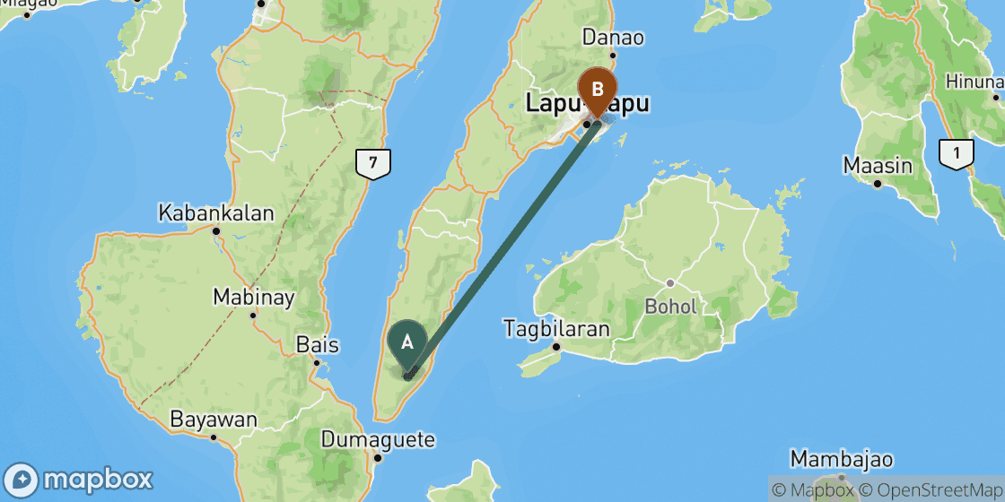 Carte montrant l’itinéraire de Oslob à Cebu - 99 km
