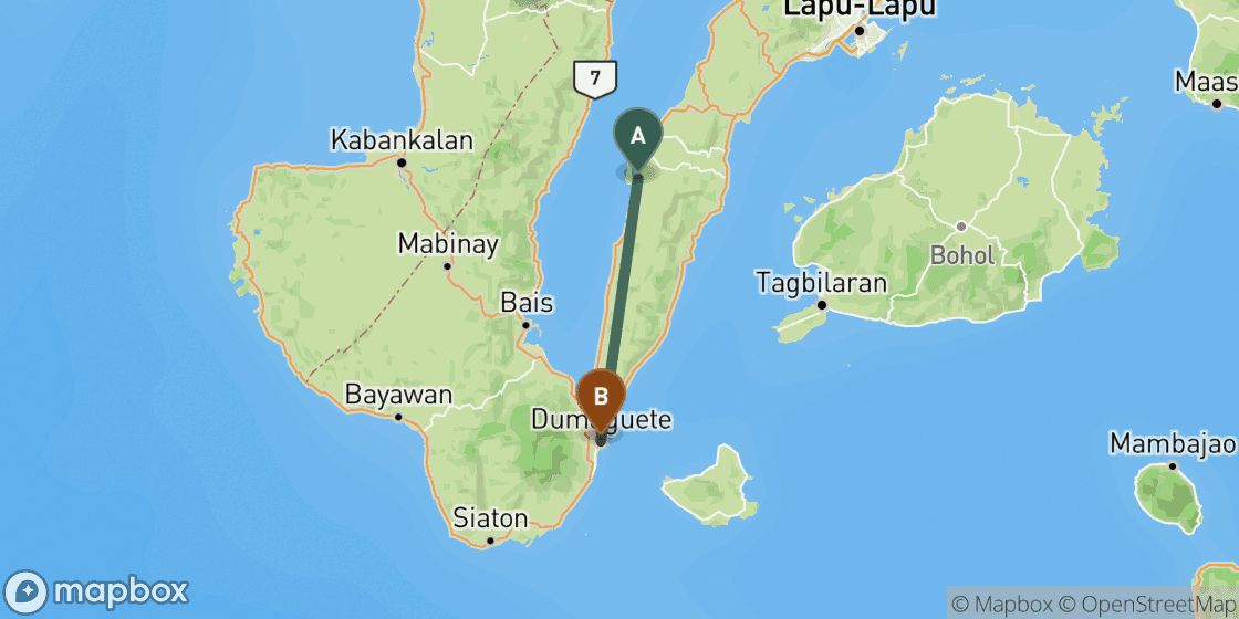 Map showing route from Moalboal to Dumaguete - 72 km