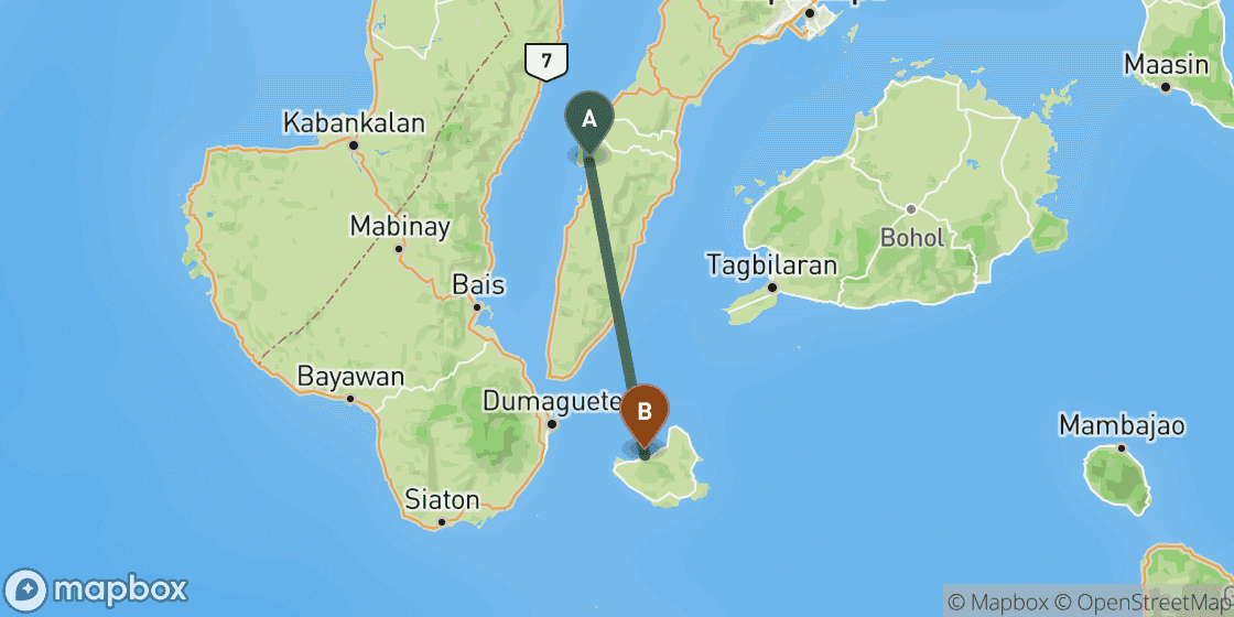 Carte montrant l’itinéraire de Moalboal à Siquijor - 89 km