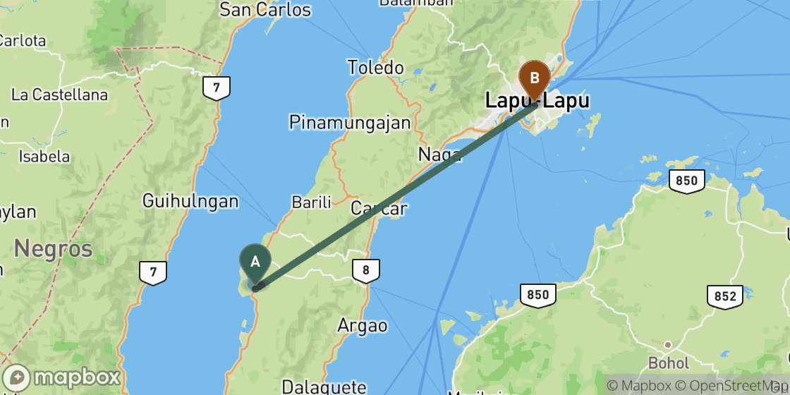 Mapa que muestra la ruta de Moalboal a Cebu - 67 km