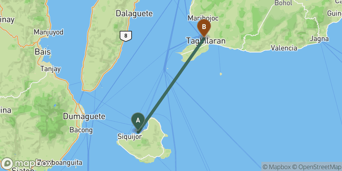 Map showing route from Siquijor to Bohol - 98 km
