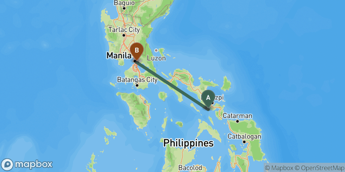 Map showing route from Donsol to Manila - 340 km