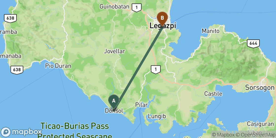 Map showing route from Donsol to Legazpi - 29 km