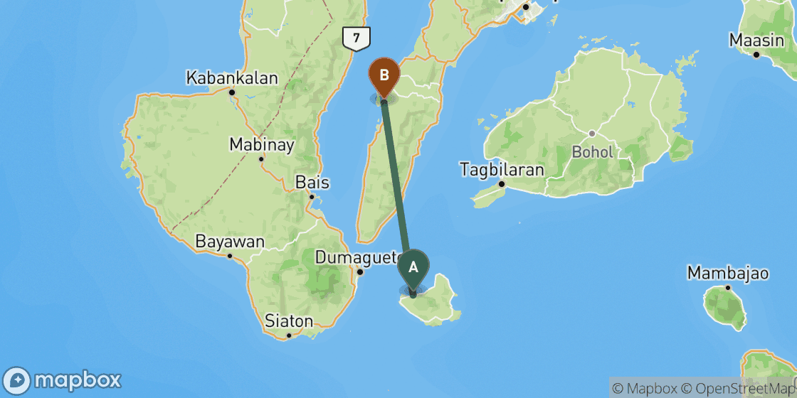 Map showing route from Siquijor to Moalboal - 89 km