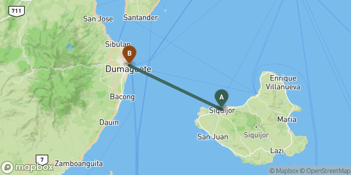 Map showing route from Siquijor to Dumaguete - 34 km