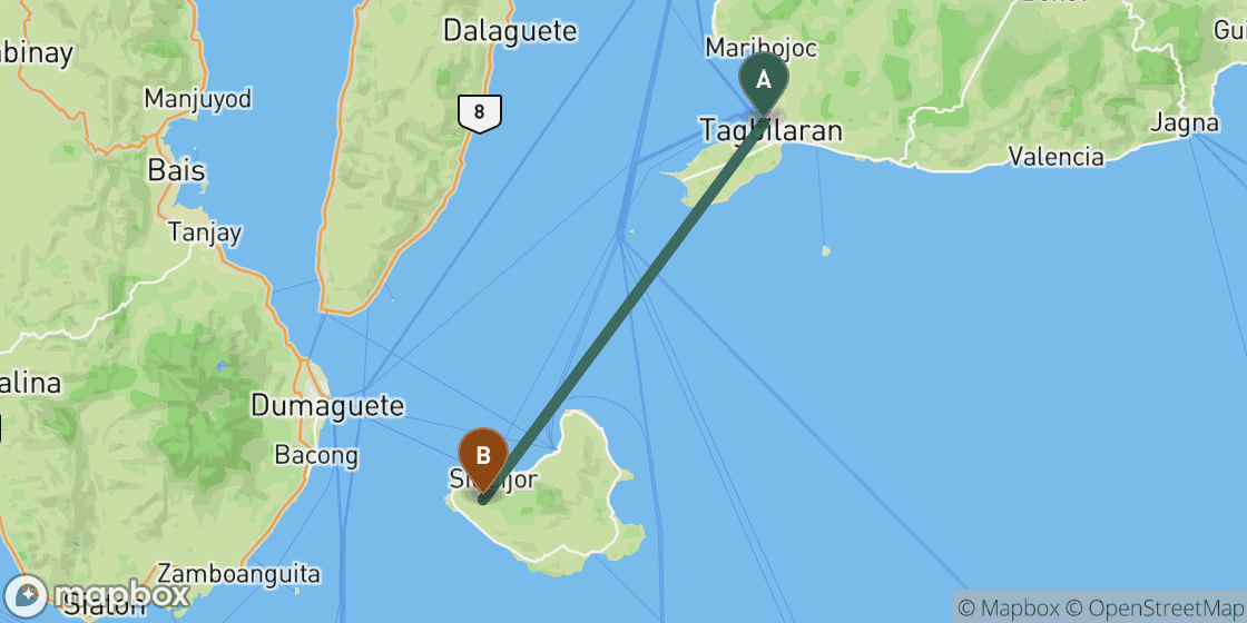 Kaart met de route van Bohol naar Siquijor - 98 km
