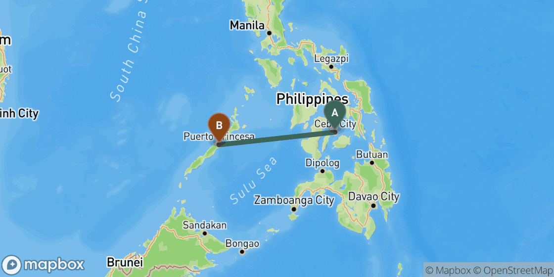 Map showing route from Cebu to Puerto Princesa - 568 km