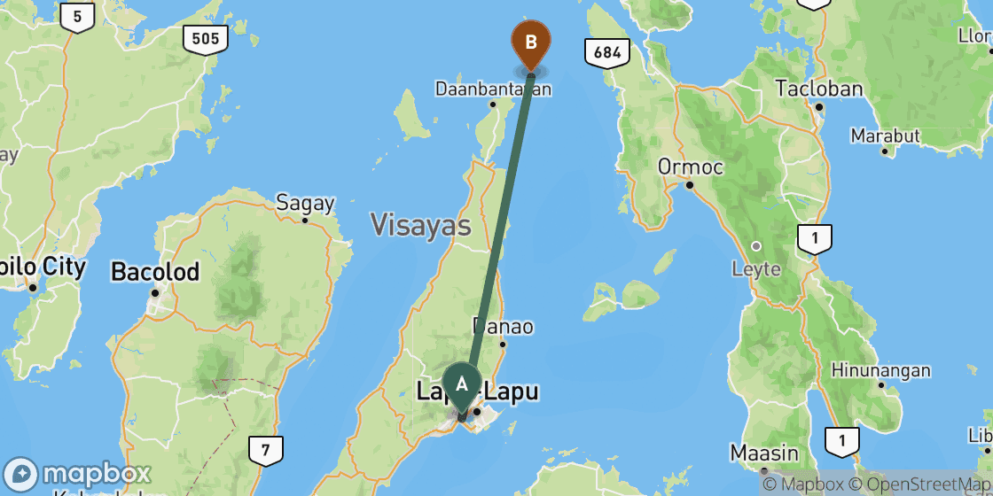 Mapa que muestra la ruta de Cebu a Malapascua - 118 km